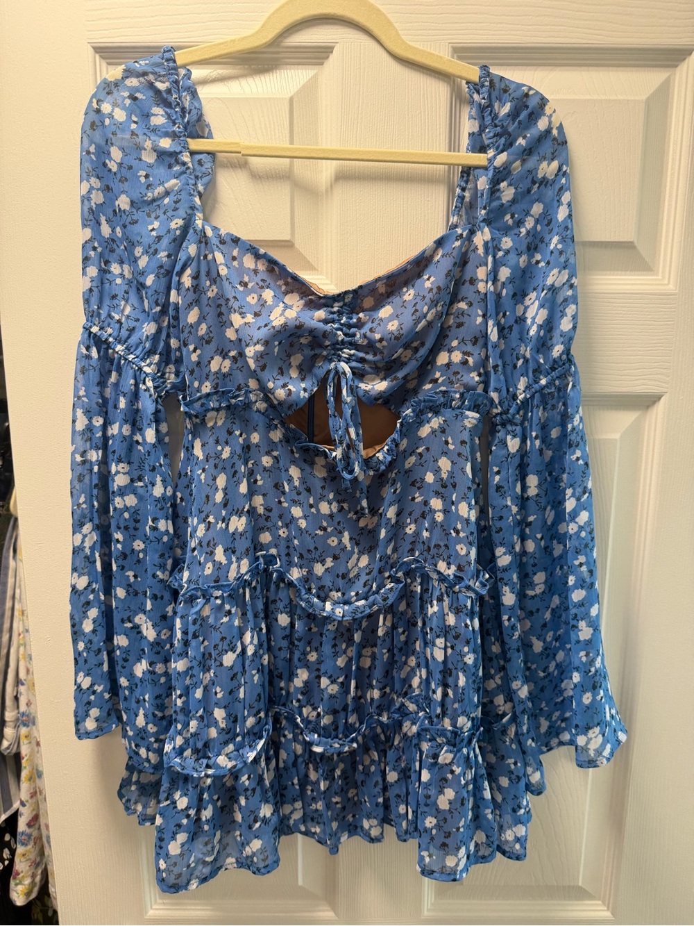 MAJORELLE Blue Floral Tie-Back Ruffle Tunic